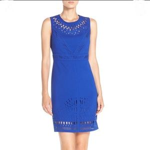 Eliza J Cobalt Laser Cut Crepe Sheath Dress